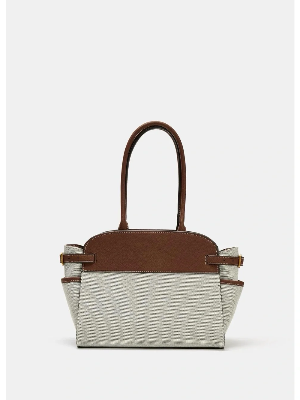 Zara Cream Canvas Shoulder Bag with Brown Leather Trim. POP